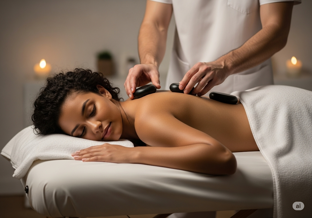 Terapia de masaje con piedras calientes en la espalda